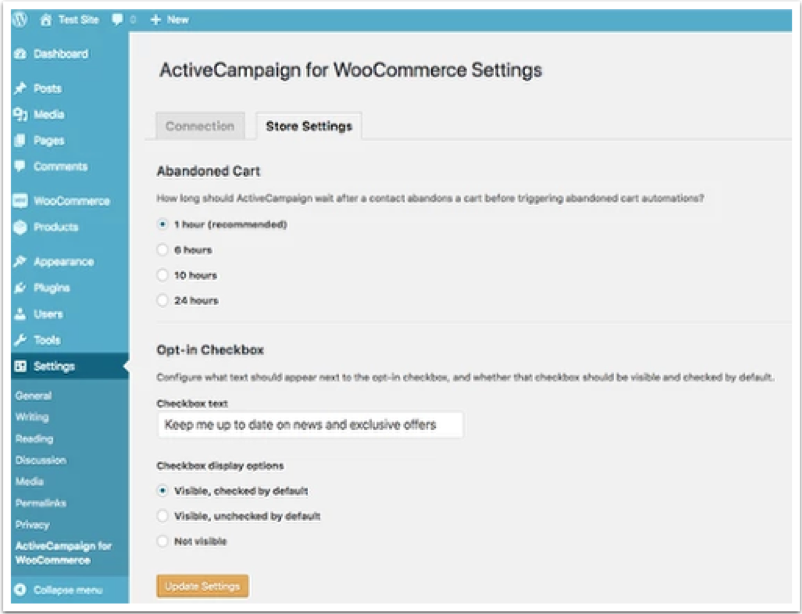 ActiveCampaign for WooCommerce Store Settings