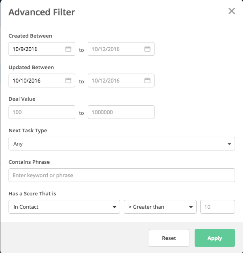 Advanced filter | Deal gegevens