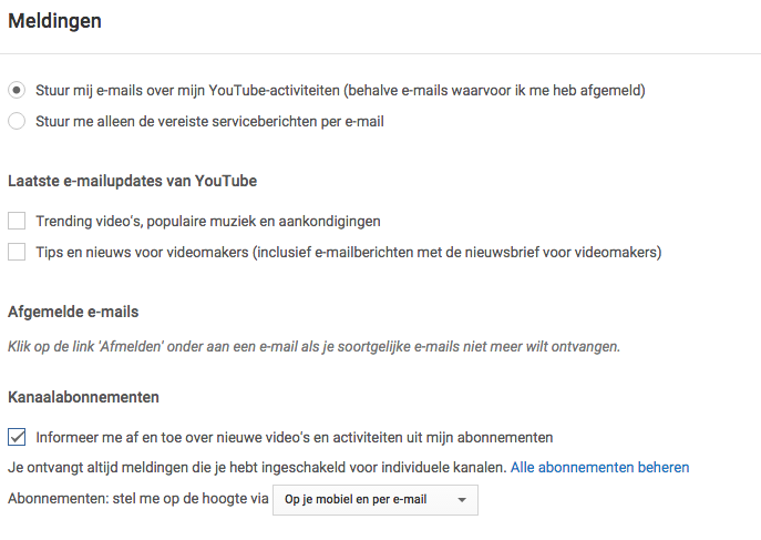Email meldingen YouTube beheren